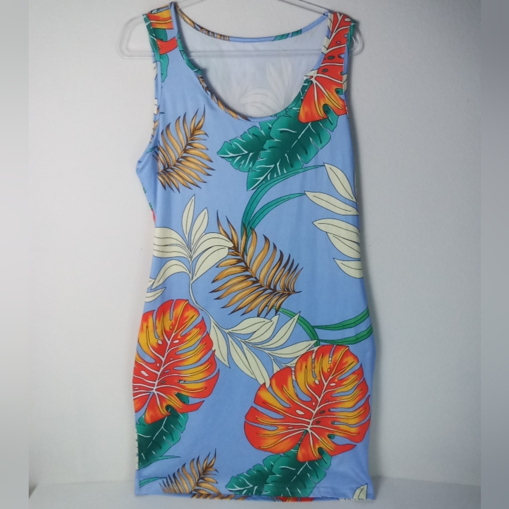 Beachy Tropical Print Blue Midi Dress Vibrant Floral Size 1X